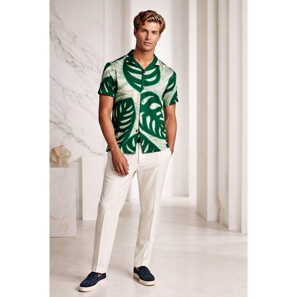 Reiss Shirt Mens XL Yung Cuban Collar Monster Green Leaf Print Shirt Preppy